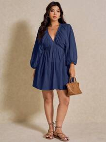 Elaquor Plus Size Solid Color Deep V-Neck Pockets Casual Long Sleeve Dress,Sundress Spring To Summer Vacation Dresses Fall - Navy Blue - View 3