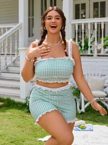 Swim Mod 2pcs/Set Plus Size Women's Green Plaid & Random Floral Print Bow Collar Ruffle Hem Top And Shorts Set, Cute Simple Style Camisole Bikini For Summer Beach Vacation