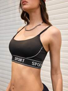 Streetz SHEIN Sport 女士舒适字母印花吊带运动文胸，夏季 - 黑色 - 查看 4