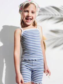 THE HAPPY LOOK Conjunto de top de camisola acanalado azul y shorts pitillo de cintura elástica para niñas jóvenes, en estilo casual y cómodo