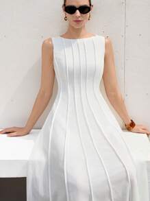 Aveloria Modichic Vestido elegante sin mangas con estampado floral, textura de tela, cintura alta y vuelo en el bajo, estilo vacacional - Blanco - Ver 3