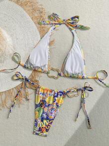 Soleia Conjunto de bikini con cuello halter, espalda anudada y decoración metálica, de estampado colorido vintage, para señoras en vacaciones