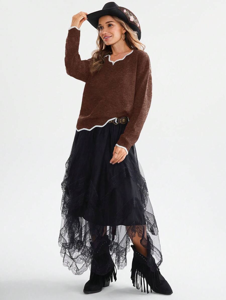 SHEIN LUNE 女士撞色镶边 V 领长袖套头衫、长袖上衣 - 鏽棕色 - 查看 1