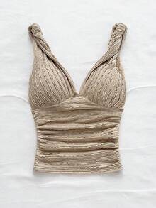 Soleia Women's Vacation Knit White Textured V-Neck, Twisted Shoulder Strap, Ruched Waist Fitted Fashionable Slimming Camisole, For Party, Date, Valentine's Day - Apricot - View 6