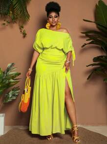 Maweii Plus Size Solid Color Asymmetric Collar Short Sleeve Top And High Slit Skirt 2 Pieces Set