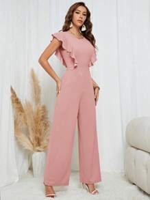 SHEIN Tall Women's Solid Color Round Neck Ruffle Sleeve Wide Leg Elegant Jumpsuit - Dusty Pink - View 4