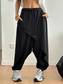 Coolane 女士和男士夏季街头休闲运动嘻哈复古舒适多褶裆裤 - 黑色 - 查看 6