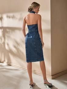 CLARA VERO DAMSKA SUKIENKA Z ROZCIĘCIEM Z PRZODU I ZAPIĘCIEM NA GUZIKI - Niebieski - Zobacz 2