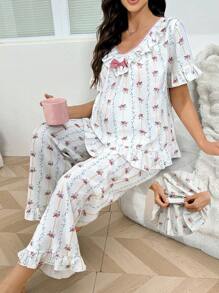 Moonlight&Mama Maternity Countryside Style Ditsy Floral V-Neck Ruffle Trim Short Sleeve Pajama Set For Pregnant Women Holiday Season - Multicolor - View 1