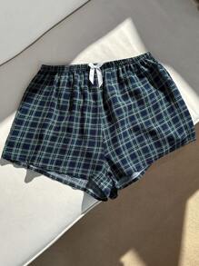 SHEIN Plus Size Blue Plaid Printed Bow Decor Sleepwear Shorts