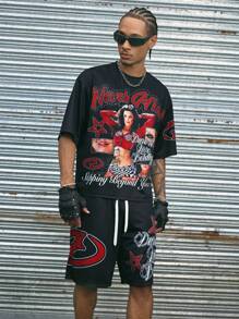 AXEPEAK Streetwear Hip Hop Racing Style Men's Shorts And Short Sleeve T-Shirt Set Summer Outfit - Black - View 5