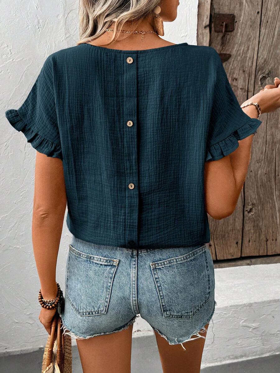 Breezaya Áo cánh tay ngắn cổ tròn viền bèo nhún trơn dành cho nữ, mùa hè