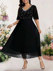 Bellastra Damen Große Größen Spitzen-Patchworkkleid mit Kunstperlen-Verzierung und Raffung