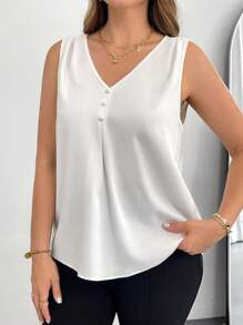 SHEIN Essnce Blusa blanca de escote en V sin mangas, de estilo minimalista, holgada, cómoda y fresca, para mujer de talla grande, de uso diario, versátil y de silueta estilizada. Top de mujer casual de negocios para el trabajo.