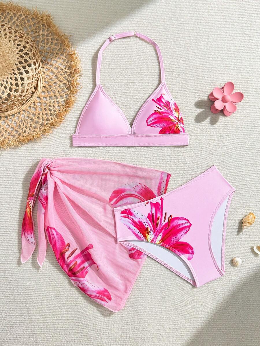 SHEIN 女童花卉印花三角比基尼三件套泳衣套装含沙滩裙,适合度假,复古,沙滩,海洋,优雅,可爱 - 彩色 - 查看 1