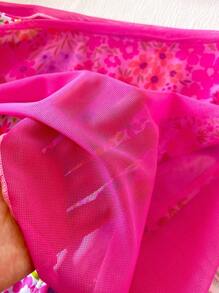 少女碎花泳衣，3 件套，包含泳衣上衣、三角比基尼泳裤和网眼裙，伊比沙岛服装