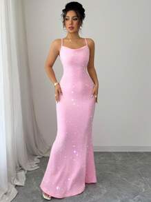 Elenzga 女士闪亮细肩带十字交叉设计派对连衣裙