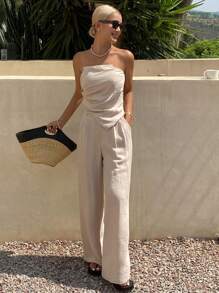 DAZY 女士纹理纯色抹胸和裤子两件套，春夏 - 卡其色 - 查看 6