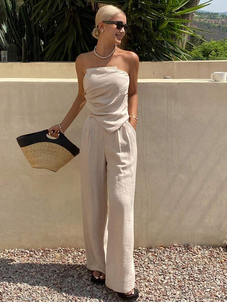 2pcs Women Textured Solid Tube Top And Pants Set, Spring/Summer