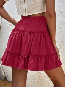 Chiquease Women Solid Color Simple Casual Pleated Skirt - Red - View 2