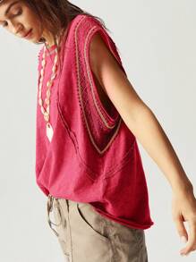 Bohemela Áo thun cổ tròn dệt kim màu trơn không tay rộng rãi đã giặt dành cho nữ - Màu Đỏ Sâu - Xem 4