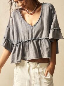 Bohemela 休闲V领纯色针织短袖荷叶边水洗女式T恤