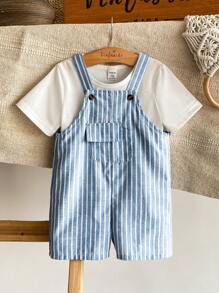 Vintaside Kids Conjunto casual de niño bebé con camiseta de manga corta de cuello redondo y unicolor, y pantalón corto a rayas - Azul - Ver 3