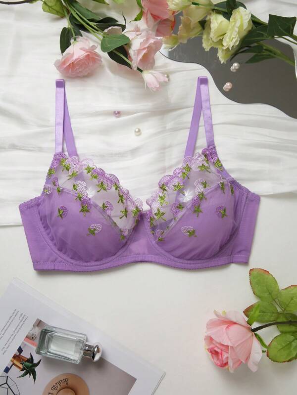 Plus Size Strawberry Floral Embroidered Push-Up Lingerie Bra & Wire-Free Lingerie Bra
