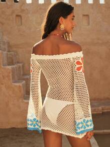 Swim Chiccia 女式多巴胺风格彩色花卉露肩沙滩罩衫，复古乡村风格甜美镂空透明网眼长袖针织超长连衣裙，春夏 - 彩色 - 查看 3