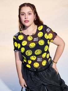 SmileyWorld® | SHEIN Áo thun nữ cổ tròn tay ngắn trong suốt họa tiết mặt cười cỡ lớn dễ thương mùa hè cổ điển thường ngày màu vàng bơ họa tiết mặt cười lễ hội Rave/ Rave/Lễ hội/ Rave/Lễ hội/Buổi hòa nhạc đồng quê/Buổi hòa nhạc lễ hội/Áo thun Rave - màu đen - Xem 3