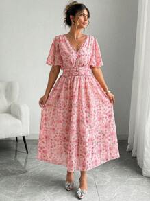 Elenzga 夏季加大码 V 领碎花松紧腰短袖优雅连衣裙