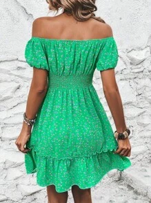 Chiquease 女式碎花露肩系带短袖休闲连衣裙，度假风格