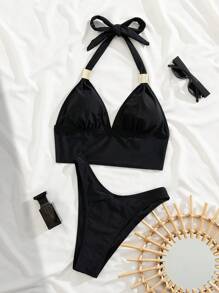 Swim Chiccia Sommer-Urlaub-Set aus einfarbigem goldfarbig dekoriertem Neckholder-Crop-Top und Bikinihose, 2 Stück