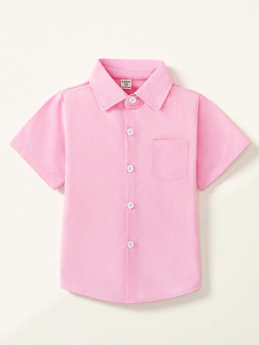 Young Boy Solid Color Button Front Pocket Summer Short Sleeve Shirt - Pink - View 1
