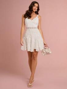 Enchnt Spring/Summer Romantic Women's White Exquisite 3D Flower Embroidered Waist Hollow Out Lace V-Neck Sleeveless Backless Cute Princess Mini Dress,Sweet&Elegant For Vacation&Date&Holiday&Party&Graduation&Wedding Guest&Beach,Prom Dress,Summer Dresses For Women,Sun Dresses For Women,Summer Clothes,Vestidos Elegantes De Mujer,Vestidos Elegantes Para Fiesta