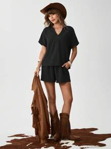 SHEIN LUNE Women's Solid Color Loose Fit Casual 2-Piece Set Shorts Summer Sets - Black - View 2