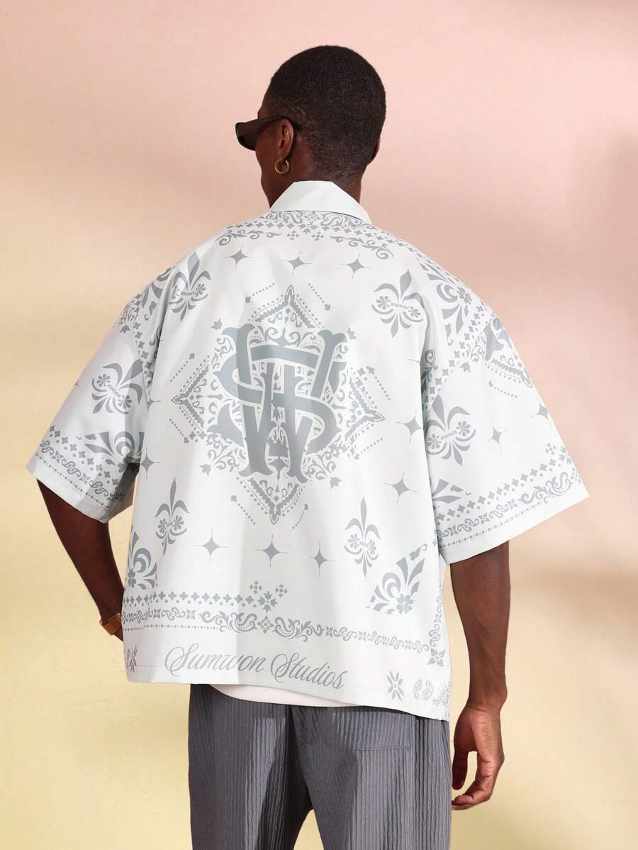 SUMWON Luxury Oversized Short Sleeve Button Down Studio Shirt Fleur De Lis Baroque Pattern Streetwear Summer Resort Wear Casual Fashion Top - Green - View 1