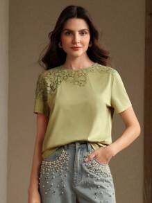 Anewsta Summer New Asymmetrical Lace Patchwork Fashion Women T-Shirt Top - Olive Green - View 6