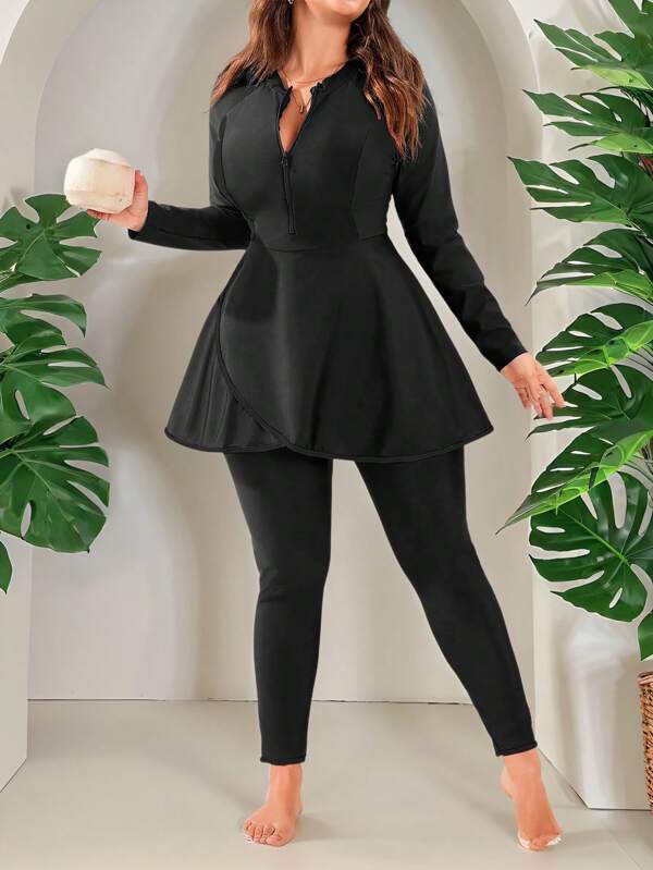 Swim Mulvari Plus Size Women Solid Color Long Sleeve & Pants Zip-Up Rash Guard Burkini Set For Summer Beach Vacation