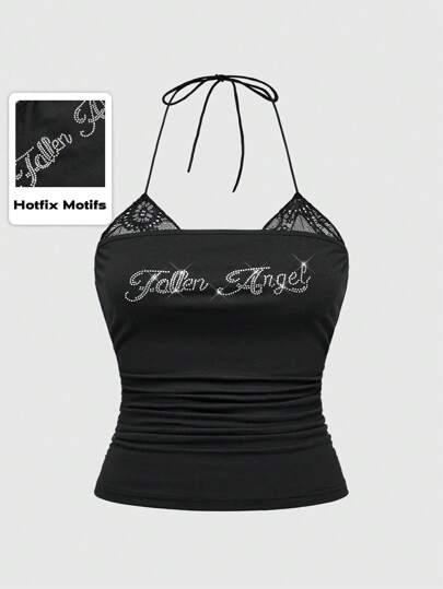 Camiseta sin mangas con cuello halter, plisada y con adorno de encaje y strass para mujer de talla grande