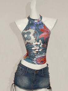 SHEIN ICON Y2k Summer Vintage Boho Concert Western Flora Ggraphic Women's Summer Sleeveless Print Halter Neck Camis