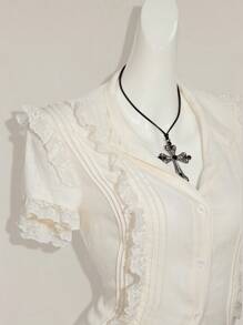 SHEIN ICON Y2k 女式西部乡村音乐会波西米亚嬉皮米色哥特夏季休闲蕾丝边衬衫