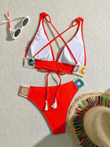 SHEIN Swim 女士时尚优雅比基尼沙滩两件套，可调节吊带上衣和下装，红色 - 紅色 - 查看 8