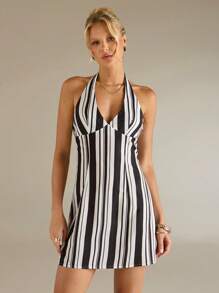 Avantive Summer Women Chic Black And White Striped Mini Dress,Sleeveless V-Neck A-Line Bodycon,Night Out,Beach,Vacation,Elegant Wedding Guest Party Outfits - Black and White - View 6