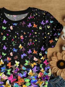 SHEIN LUNE 大码女式彩色蝴蝶印花 T 恤，夏季女装，圆点印花 T 恤，可爱夏季上衣，大码女式图案 T 恤，休闲装 - 彩色 - 查看 3