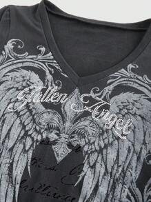 ROMWE Grunge Punk Grunge Style Distressed Wing Print Rhinestone Embellished Women Fitted T-Shirt - Grey - View 3
