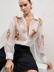 Aveloria Modichic Sequin Embroidered Sheer Long Sleeve Blouse, Summer - White - View 3
