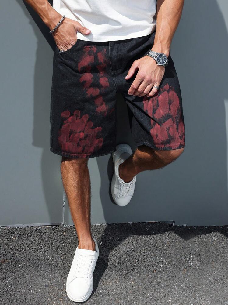 Manfinity Roughcore Pantalones cortos Bermuda de mezclilla holgados de pierna ancha con bolsillo de color contrastante para hombre - Multicolor - Añade 7