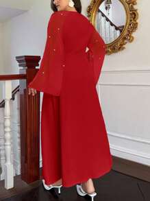 Firerie Vestido largo de línea A para mujer talla grande, elegante de satén rojo y rosa con volantes, cuello cuadrado, patchwork de gasa, para invitada de boda, ferias renacentistas y graduaciones de otoño - Rojo - Ver 2