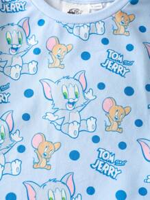 TOM & JERRY X SHEIN Baby Boy Cartoon Pattern Blue Cute & Funny Short Sleeve T-Shirt And Cute Bib Overalls Set